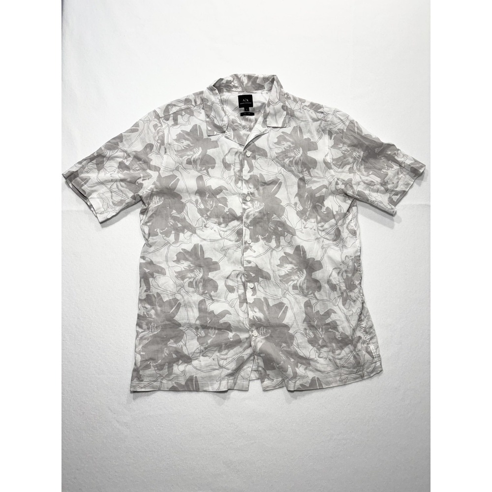 Armani Exchange Shirt Mens Large White Floral Short Sleeve Button Up Hawaiian